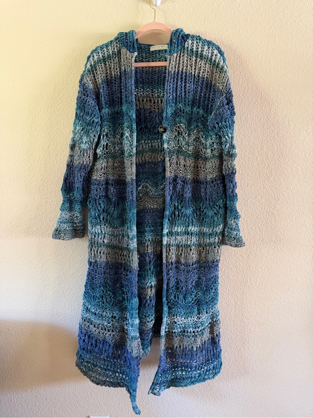 Free People Kelp Knit Maxi Cardi Dazzling Sea Blue Hooded Duster Small